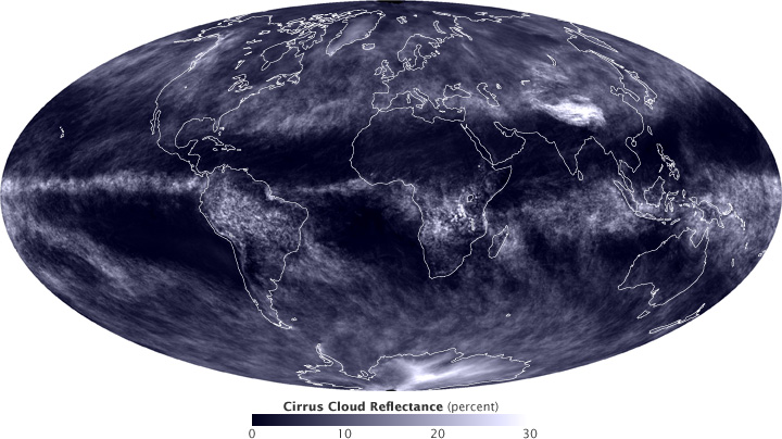 Satellite map of the reflectance of cirrus clouds.