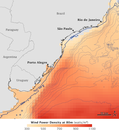 Map of potential energy from wind power off the Brazilian coast derived from QuikSCAT data.
