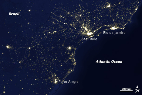 Satellite map of lights along the Brazilian coast.