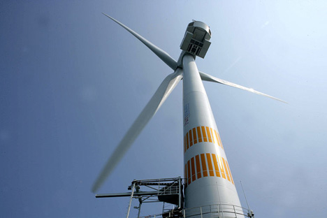 Photograph of GE 3.6s offshore wind turbine near Arklow, Ireland.