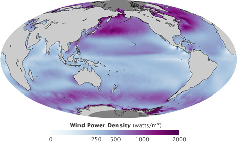 Map of wind energy potential from QuikSCAT.