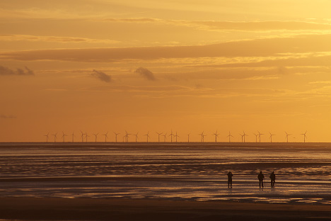 Photograph of the wind farm off the coast of New Brighton, UK.