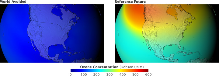 Maps of ozone concentrations for the world avoided and projected based on current regulations.