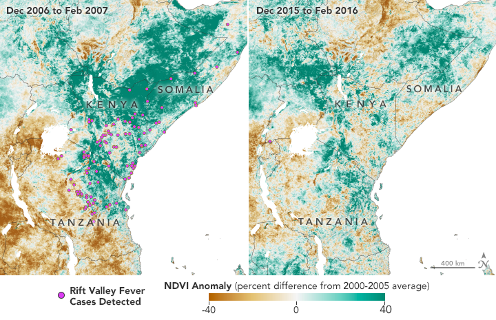 These maps show data on vegetation health and Rift Valley fever outbreaks in eastern Africa from December 2006 to February 2007 and December 2015 to February 2016