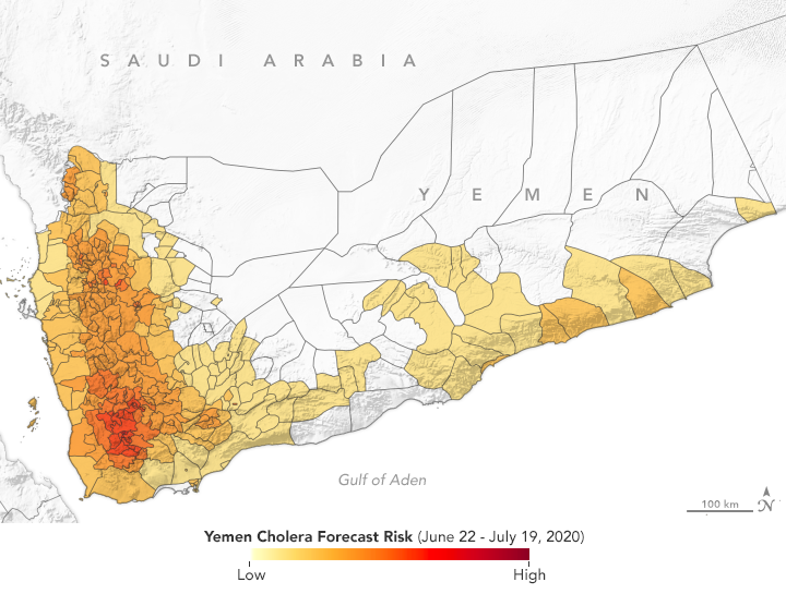 The map shows a forecast of cholera cases in Yemen in July 2020.