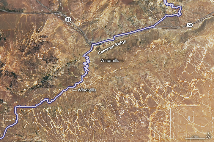 A satellite image of the Pacific Crest Trail and Cameron Ridge showing the location of nearby windmills.