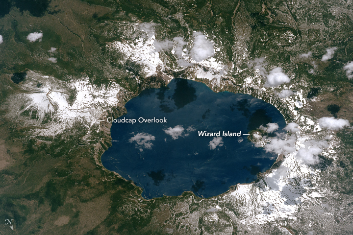 A photograph of Crater Lake from the International Space Station.
