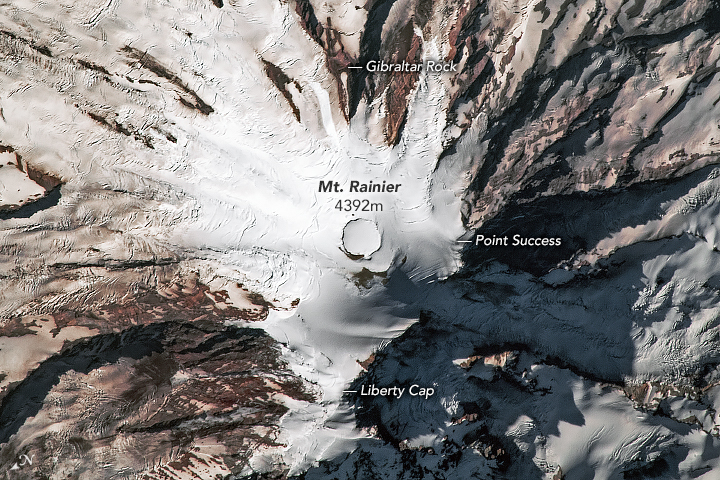 A photograph of Mt. Rainier taken from the International Space Station.