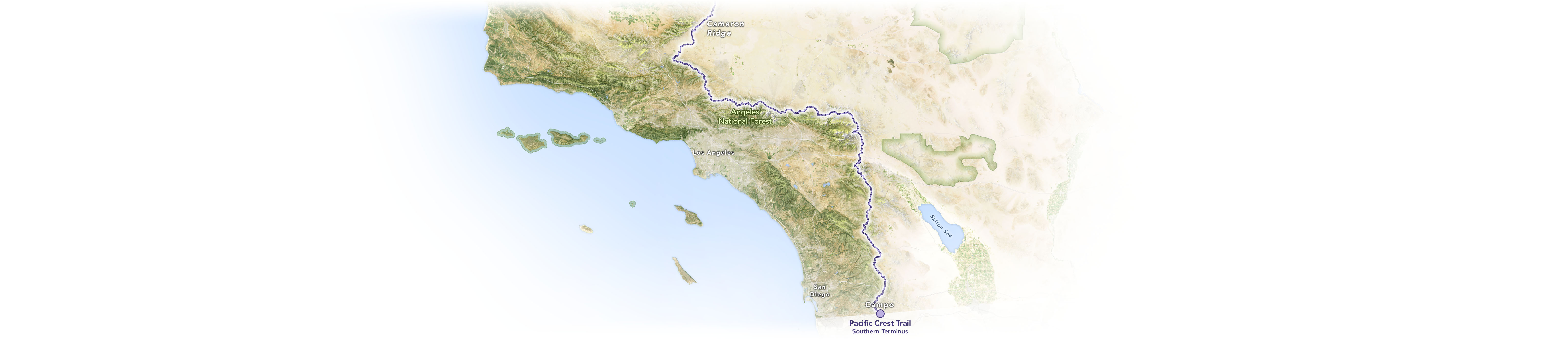 A map of the Pacific Crest Trail and nearby landmarks in southern California.