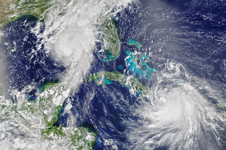 Hurricane Laura and Hurricane Marco making landfall on August 24, 2020.