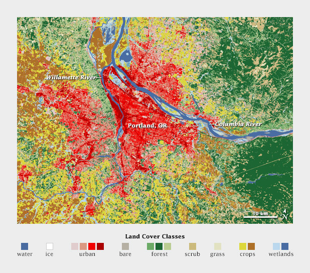 USGS map of land cover classification in and around Portland, Oregon