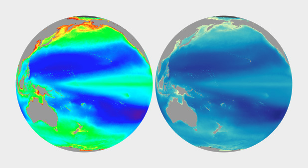Rainbow and naturalistic palettes applied to ocean color (roughly equivalent to ocean vegetation) data.