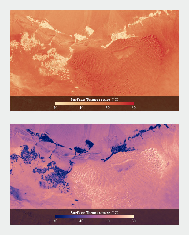 Two color scales applied to surface temperature maps in the Turpan desert, China.