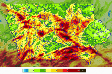 Rain gauge measurements and interpolation of rainfall totals within a six day period (valid 8 AM 05/31/2013). Areas of darkest red show regions that have accumulated the most rainfall. Rivers, streams, and sub-basins in these areas are most vulnerable for future flooding. Extra attention is thus given to these areas by the forecasters. 