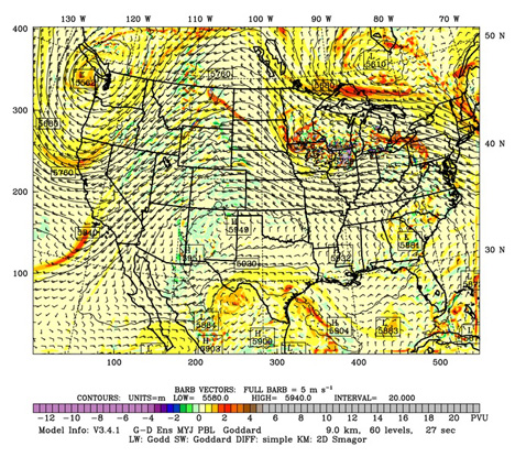 ) shows the atmospheric pattern at 500 mb for 7 PM CST 06/12/2013.  A low pressure disturbance with a “U” shaped pattern over Iowa creates favorable conditions for air to rapidly rise upward to create showers and thunderstorms. 