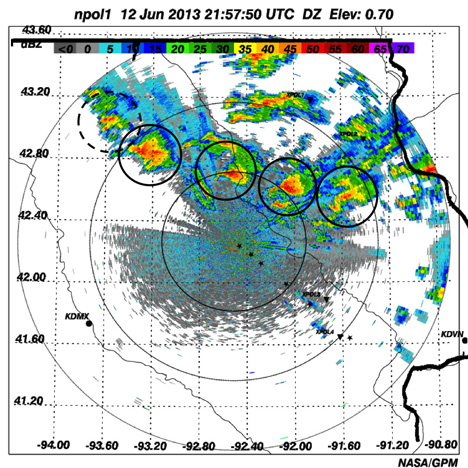 Actual radar measurements of the thunderstorm supercells at 3:57 p.m. CDT on June 12. The cells show a hook feature that is a classic precursor to tornadoes. Credit: NASA