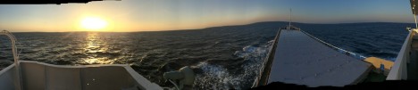  Despite the cramp conditions on board, the small GPM team on the barge saw a beautiful sunrise and stitched together this panorama. On the right, metal plates cover the hold and keep it dry. Credit: NASA