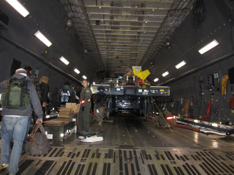 The GPM team boards the C5. Yes, that's a truck. Credit: NASA / Ellen Gray