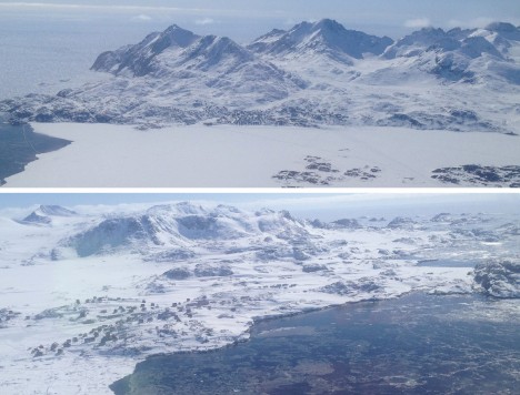 Forty minutes after leaving our camp, we see signs of life: a view of Tasiilaq (top) and Kulusuk (bottom), minutes before landing.