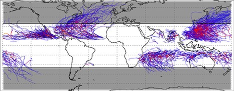 Locations of 10 years worth of tropical cyclones.