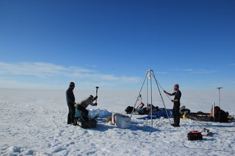 When science overlaps -- Taking a seismic shot while drilling for ice cores and taking hydrological measurements of the aquifer!  