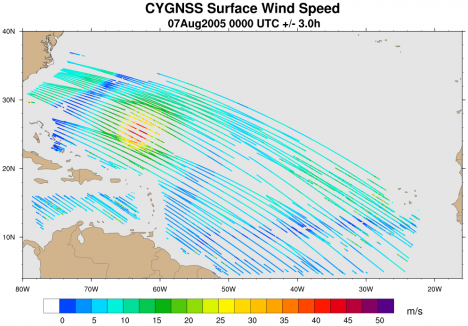 Synthetic CYGNSS wind speed data over a six hour period.