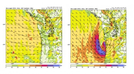 Two model forecasts valid at the same time. The one on the left shows light to moderate winds. The one on the right shows a developing low and strong coastal winds. Which one will be right?