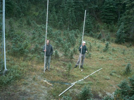 Bill Baccus of the Olympic National Park and Mr. Massmann installing calibrated snow stakes in the Olympic National Park. Photo by Adam Massmann.