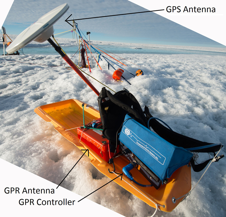 The radar setup with the GPS antenna. Photo by Charlie Kershner.