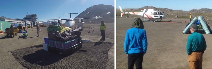Preparing our first sling load at the airport (left), ready to be picked up by the helicopter a few minutes later (right) 