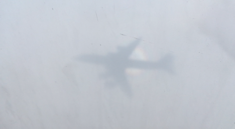 The shadow of the DC-8 on clouds below, haloed by a "glory". Róisín Commane