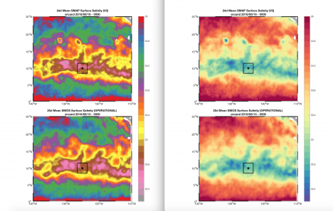 Two-panel plots of satellite salinity from the SMOS and SMAP missions. The only difference is the color scale; it is kind of a Rorschach test for oceanographers. Do you see fronts in one and not the other? They are the same! What you see and interpret can be biased by how you present the information. That is another sticky mess in the tarball.