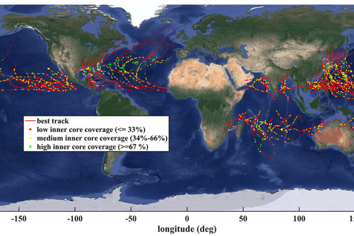 CYGNSS overpasses of all major storms during 2018-2020, with the quality of inner core coverage noted. Image credit: A. Warnock, SRI.